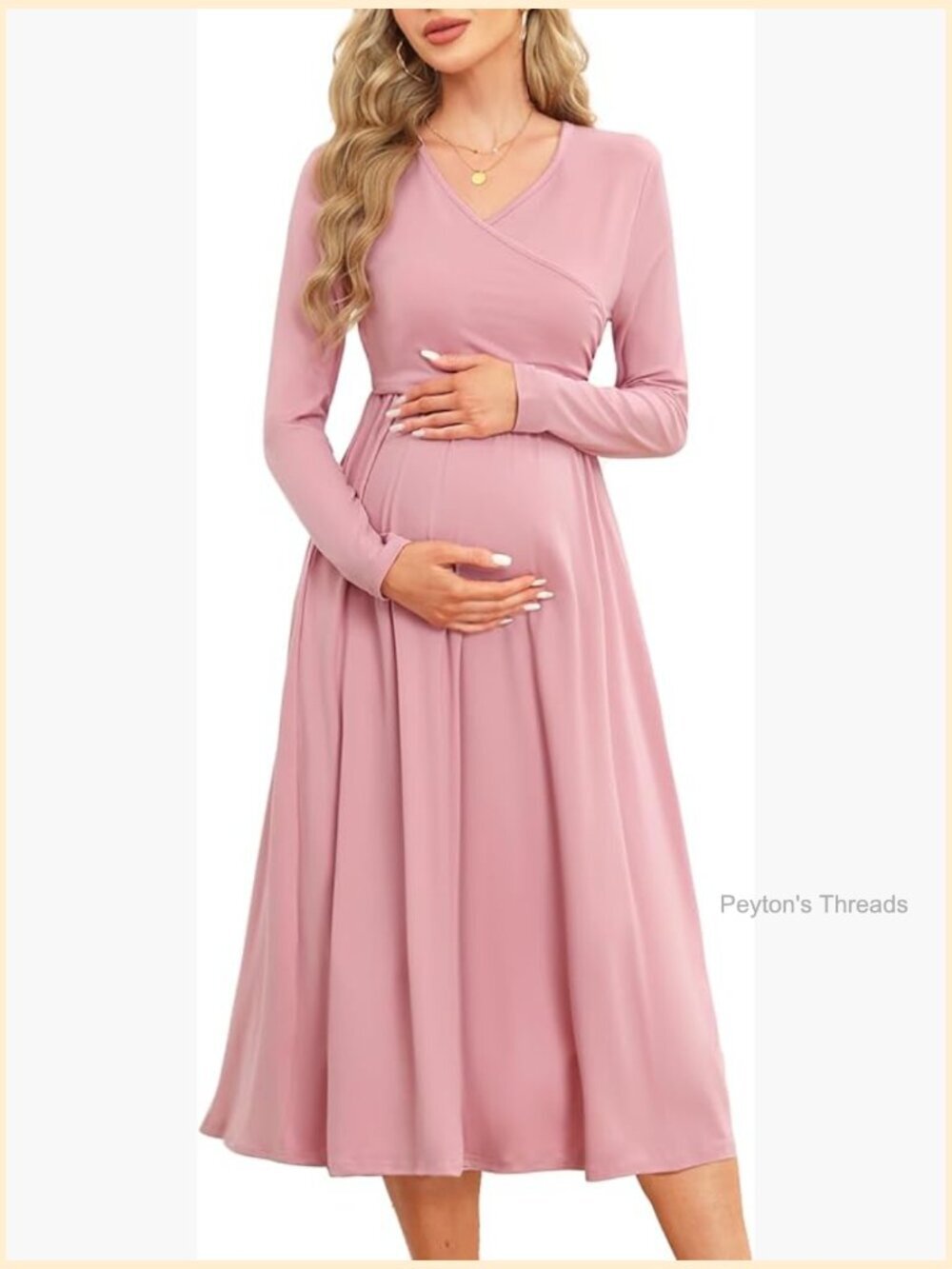 Women's Fall Maternity Nursing Dress Long Sleeve V Neck Midi with Pockets
